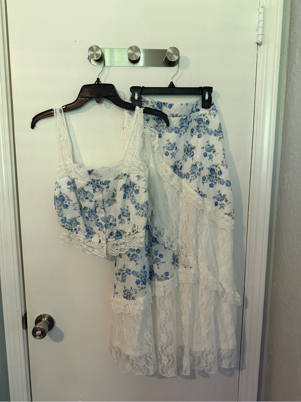 Altar'd State White Maxi Skirt with Blue Floral Lace